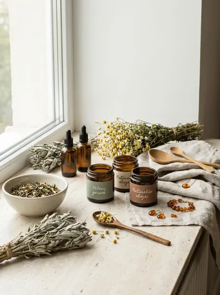 Natural botanical remedies and supplements arranged in a Nordic apothecary style