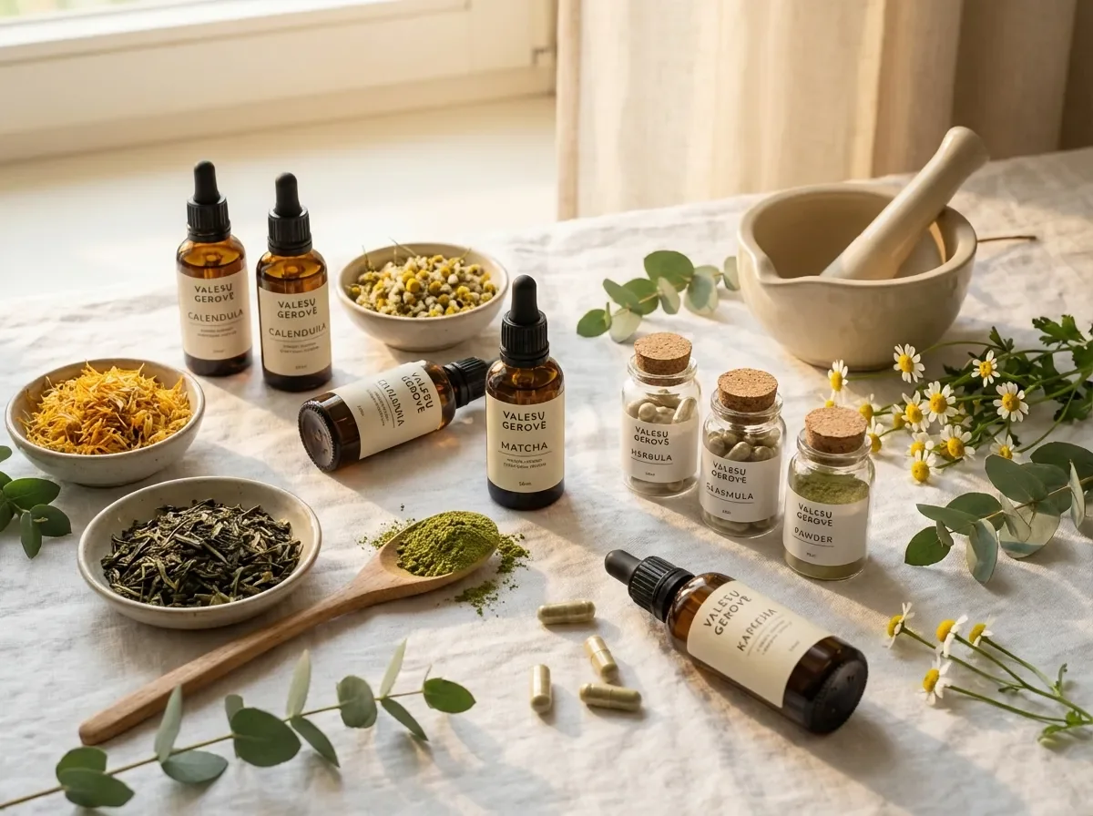 Natural herbs, amber bottles, and supplement jars arranged on linen — Valesų gerovė naturopathic wellness